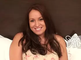 Brand new brunette teen with big tits and a plump ass sucks cock