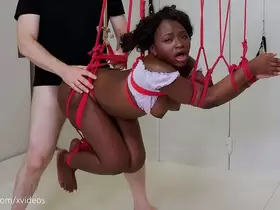 Beautiful black submissive gets gagged, tied up, ass punished, and turned into an anal compass needle to help her dominant conquer space - Noemie Bilas