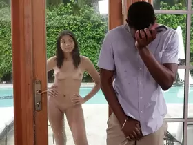 Horny stepdad watches his black stepdaughter masturbating by the pool