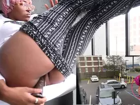 Ebony Masterbates On Parking Lot Balcony